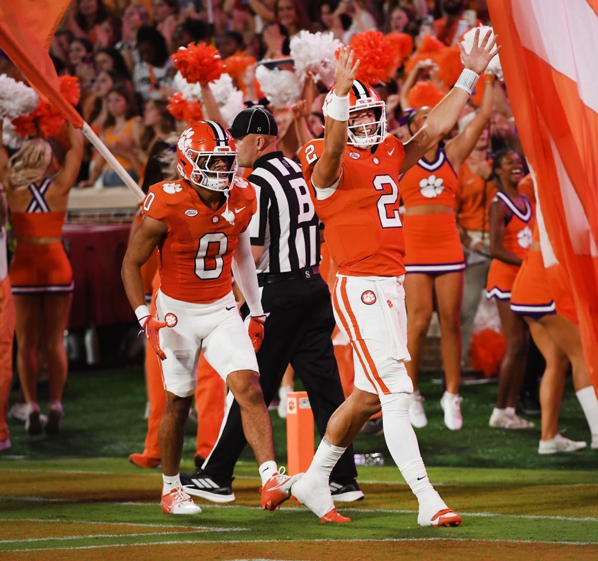 Sept 7, 2024; Clemson, SC, USA; The Clemson Tigers played the Appalachian State Mountaineers in college football Saturday, Sept. 7, 2024. Clemson quarterback Cade Klubnik (2) after his touchdown play.  Mandatory Credit: Alex Hicks Jr./USA TODAY Sports via Imagn Images