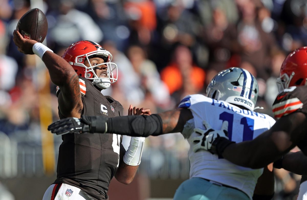 Cleveland Browns quarterback Deshaun Watson (4) throws as Dallas Cowboys linebacker Micah Parsons (11) closes in during the first half of an NFL football game at Huntington Bank Field, Sunday, Sept. 8, 2024, in Cleveland, Ohio.