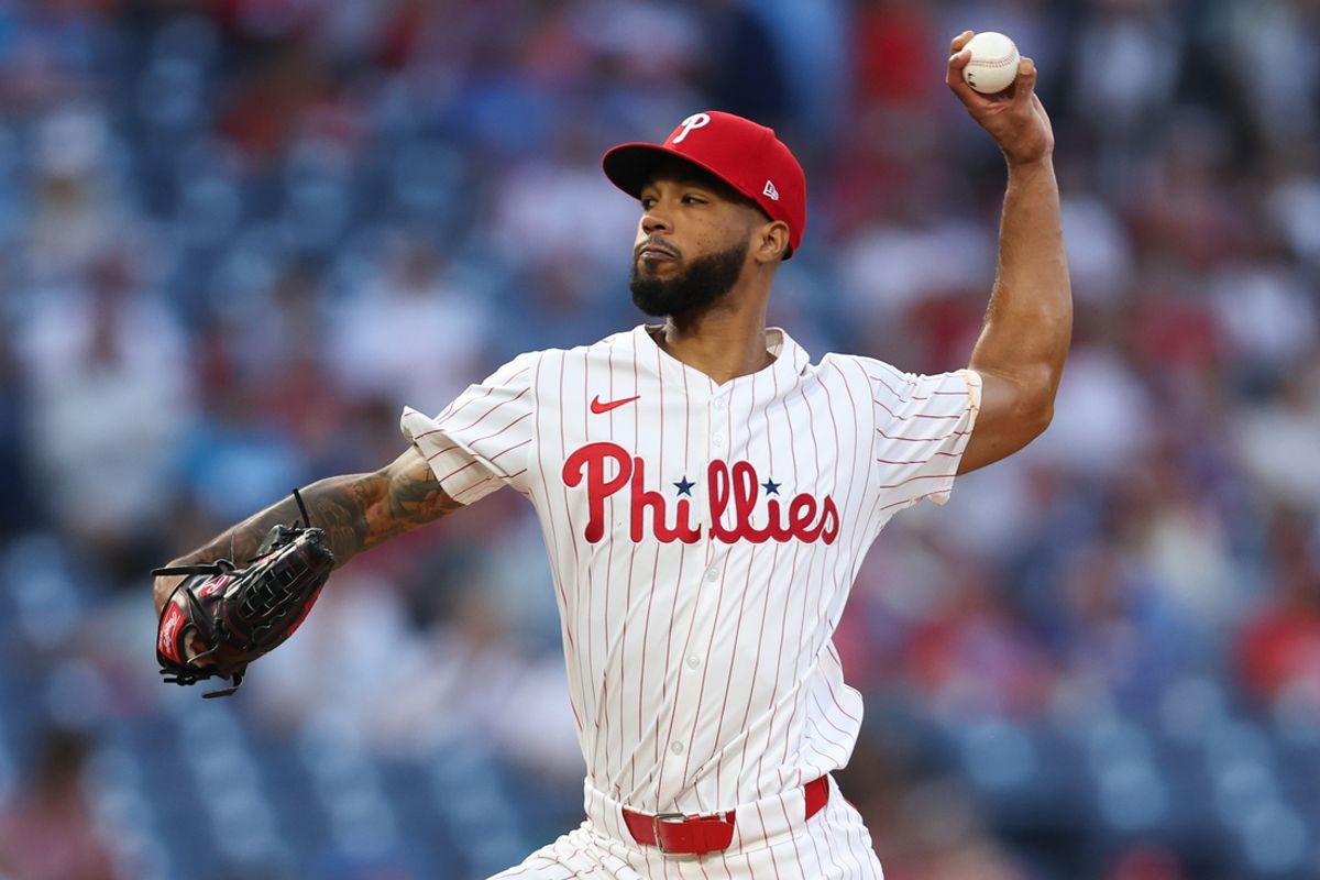 Sep 9, 2024; Philadelphia, Pennsylvania, USA; Philadelphia Phillies pitcher Cristopher Sánchez (61) throws a pitch during the first inning against the Tampa Bay Rays at Citizens Bank Park. Mandatory Credit: Bill Streicher-Imagn Images