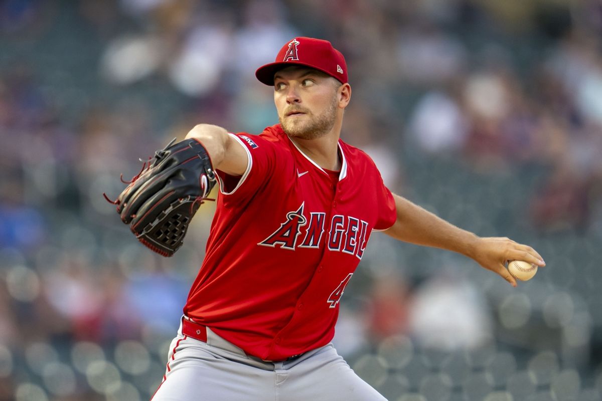 Sep 9, 2024; Minneapolis, Minnesota, USA; Los Angeles Angels starting pitcher Reid Detmers (48) delivers a pitch against the Minnesota Twins in the first inning at Target Field. Mandatory Credit: Jesse Johnson-Imagn Images