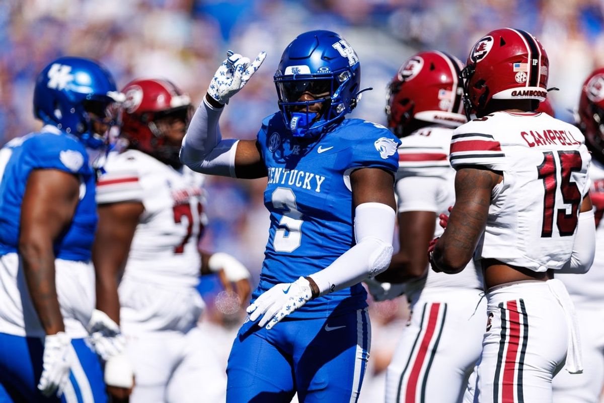 Kentucky Wildcats linebacker Alex Afari Jr. (3) celebrates during the first quarter against the South Carolina Gamecocks at Kroger Field. Mandatory Credit: Jordan Prather-Imagn Images