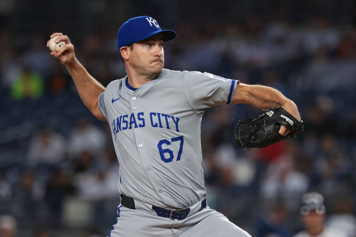 Sep 10, 2024; Bronx, New York, USA;  Kansas City Royals starting pitcher Seth Lugo (67) delivers a pitch during the first inning against the New York Yankees at Yankee Stadium. Mandatory Credit: Vincent Carchietta-Imagn Images