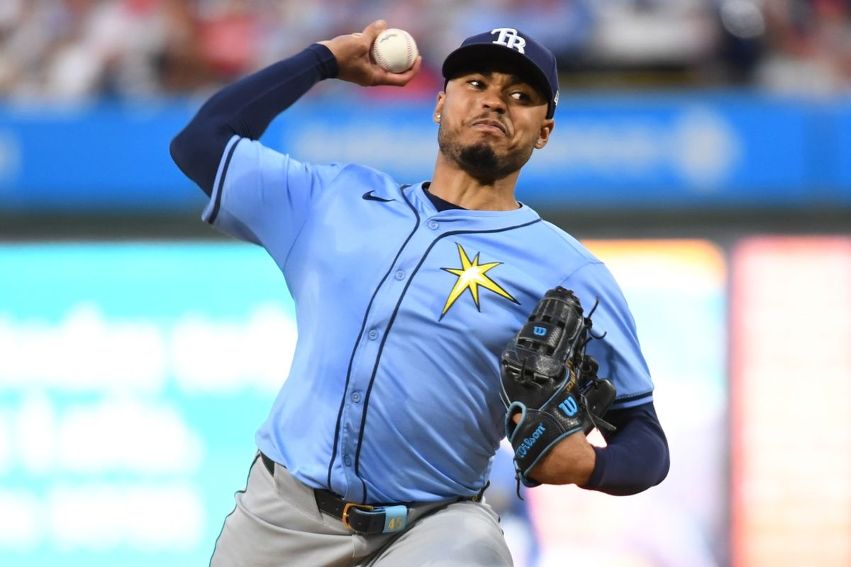 Sep 10, 2024; Philadelphia, Pennsylvania, USA; Tampa Bay Rays pitcher Taj Bradley (45) throws a pitch during the second inning against the Philadelphia Phillies at Citizens Bank Park. Mandatory Credit: Eric Hartline-Imagn Images