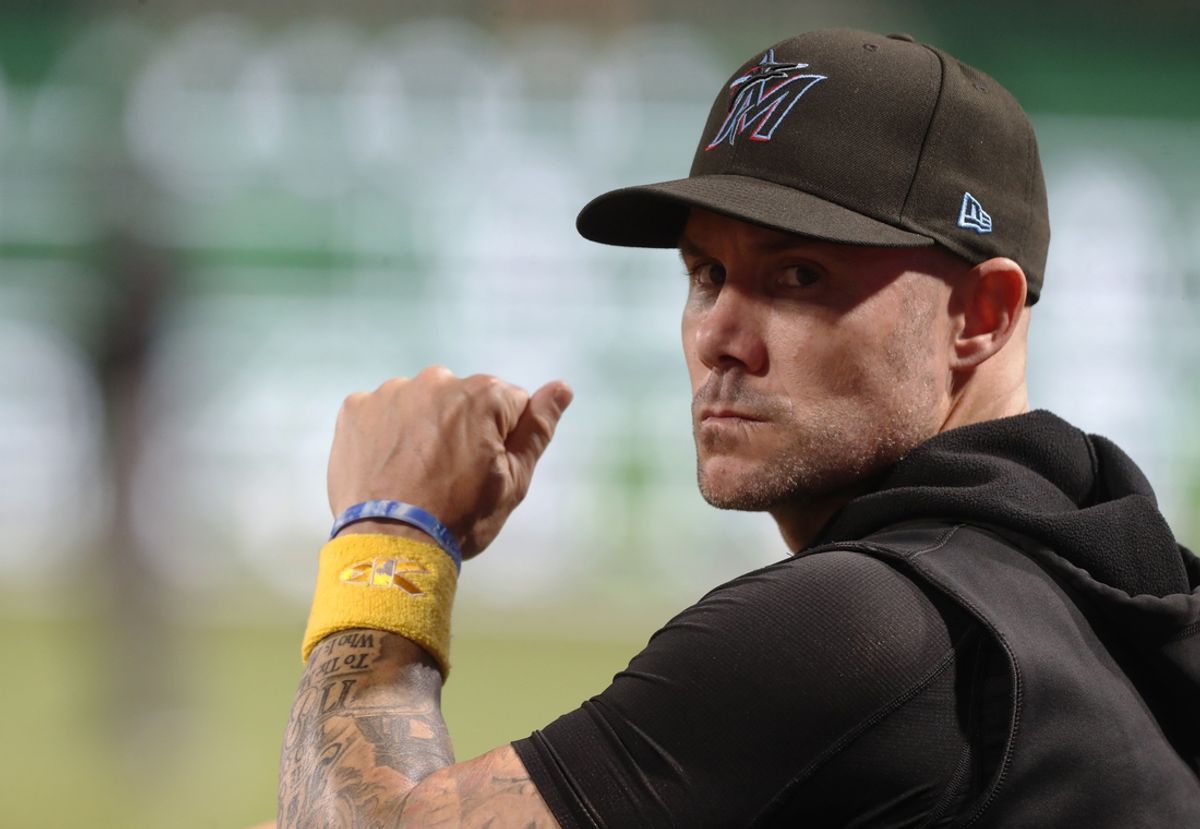 Sep 10, 2024; Pittsburgh, Pennsylvania, USA;  Miami Marlins manager Skip Schumaker (45) looks on from the dugout against the Pittsburgh Pirates during the fifth inning at PNC Park. Mandatory Credit: Charles LeClaire-Imagn Images