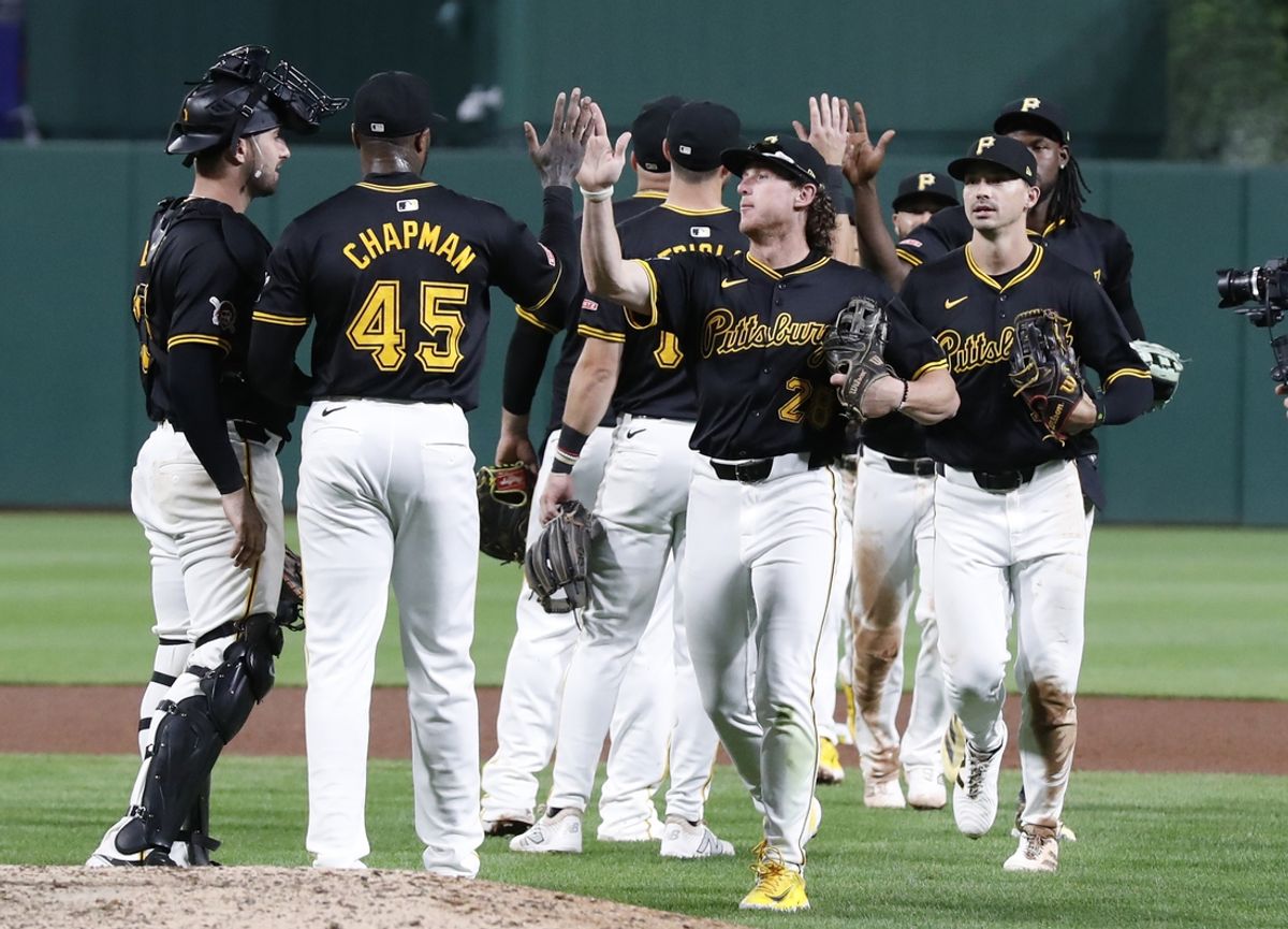 Sep 10, 2024; Pittsburgh, Pennsylvania, USA;  The Pittsburgh Pirates celebrate after defeating the Miami Marlins at PNC Park. Mandatory Credit: Charles LeClaire-Imagn Images