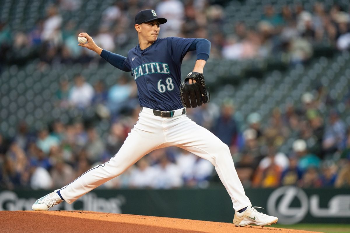Sep 10, 2024; Seattle, Washington, USA;  Seattle Mariners starter George Kirby (68) delivers a pitch during the first inning against the San Diego Padres at T-Mobile Park. Mandatory Credit: Stephen Brashear-Imagn Images