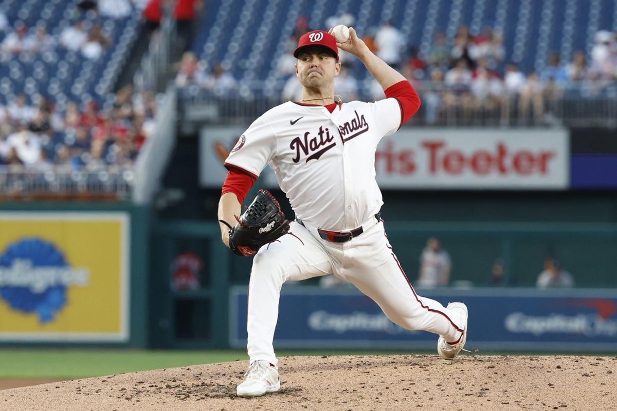 Sep 10, 2024; Washington, District of Columbia, USA; Washington Nationals starting pitcher MacKenzie Gore (1) pitches against the Atlanta Braves during the second inning at Nationals Park. Mandatory Credit: Geoff Burke-Imagn Images