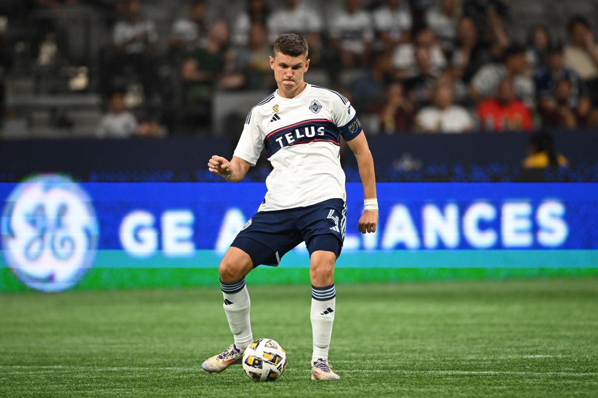 Sep 7, 2024; Vancouver, British Columbia, CAN;  Vancouver Whitecaps FC defender Ranko Veselinovic (4) passes the ball during the first half against FC Dallas at BC Place. Mandatory Credit: Anne-Marie Sorvin-Imagn Images