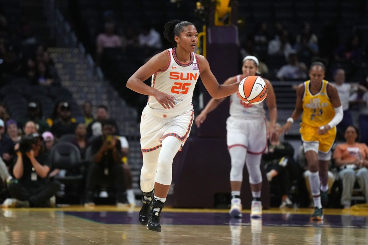 Sep 10, 2024; Los Angeles, California, USA; Connecticut Sun forward Alyssa Thomas (25) dribbles the ball against the LA Sparks in the second half at Crypto.com Arena. Mandatory Credit: Kirby Lee-Imagn Images
