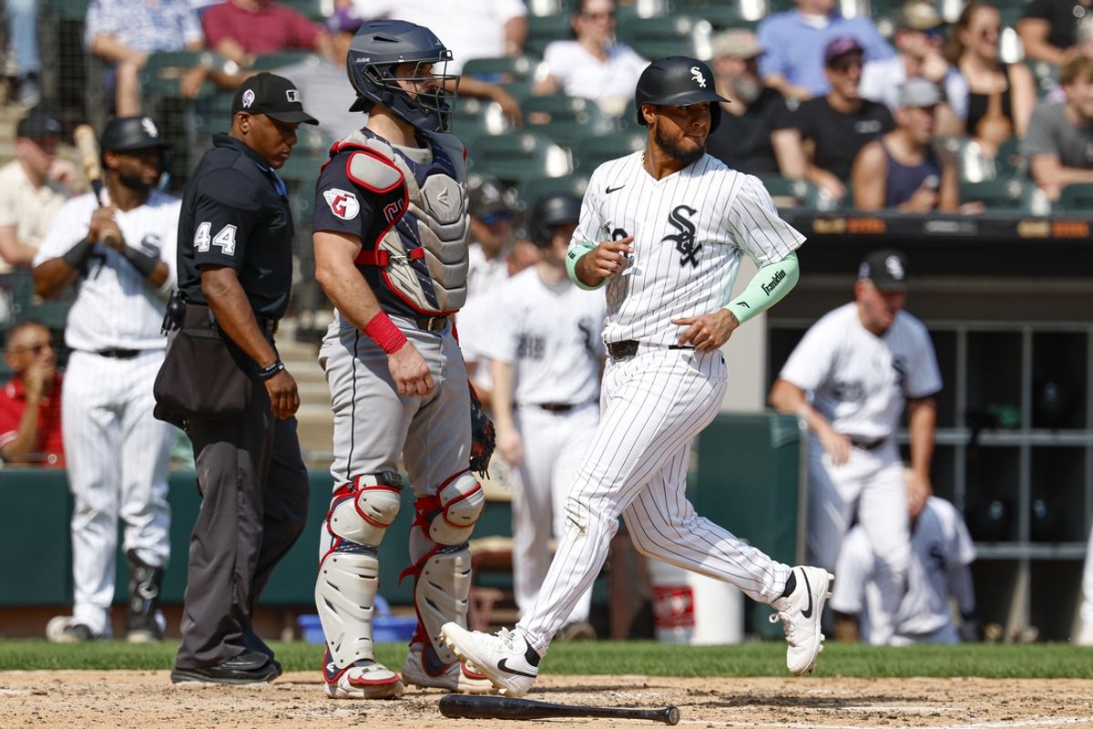 Sep 11, 2024; Chicago, Illinois, USA; Chicago White Sox third baseman Lenyn Sosa (50) scores against the Cleveland Guardians during the third inning at Guaranteed Rate Field. Mandatory Credit: Kamil Krzaczynski-Imagn Images