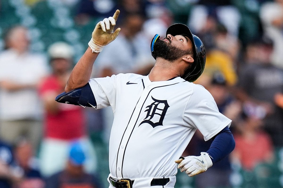Detroit Tigers left fielder Riley Greene (31) celebrates a solo home run against Colorado Rockies during the first inning at Comerica Park in Detroit on Wednesday, September 11, 2024.