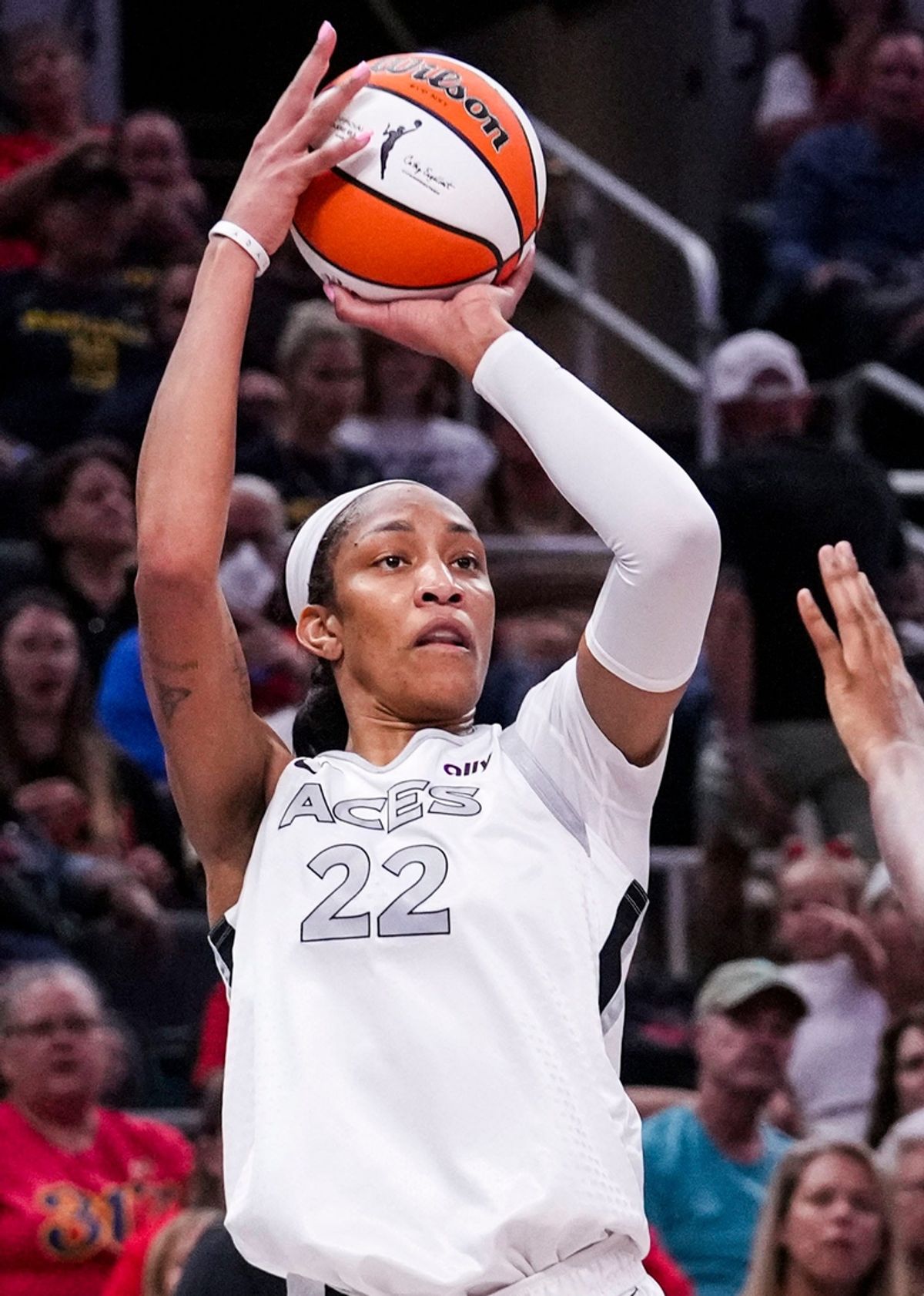 Las Vegas Aces center A'ja Wilson (22) goes up for a shot Wednesday, Sept. 11, 2024, during a game between the Indiana Fever and the Las Vegas Aces at Gainbridge Fieldhouse in Indianapolis.