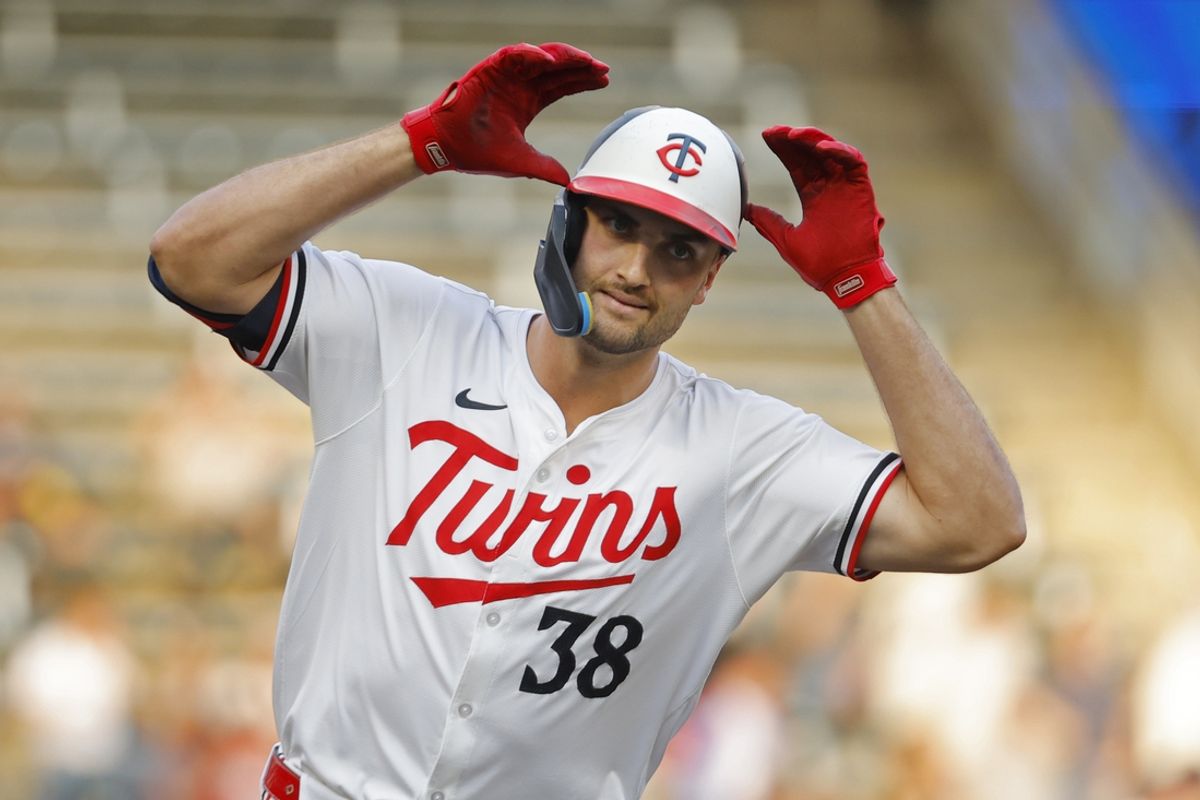 Sep 11, 2024; Minneapolis, Minnesota, USA; Minnesota Twins right fielder Matt Wallner (38) runs the bases and celebrates his solo home run against the Los Angeles Angels in the first inning at Target Field. Mandatory Credit: Bruce Kluckhohn-Imagn Images