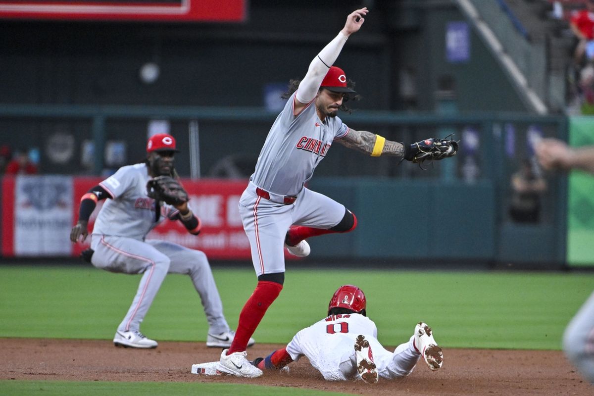 Sep 11, 2024; St. Louis, Missouri, USA;  St. Louis Cardinals shortstop Masyn Winn (0) steals second as Cincinnati Reds second baseman Jonathan India (6) receives the throw during the first inning at Busch Stadium. Mandatory Credit: Jeff Curry-Imagn Images