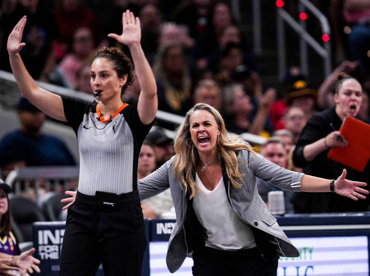 Las Vegas Aces head coach Becky Hammon yells at an official Wednesday, Sept. 11, 2024, during a game between the Indiana Fever and the Las Vegas Aces at Gainbridge Fieldhouse in Indianapolis. The Aces defeated the Fever, 86-75.