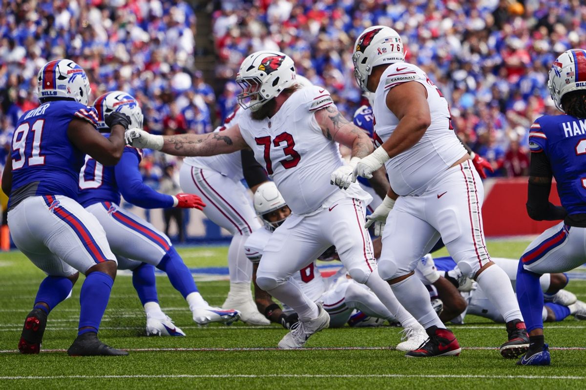 Sep 8, 2024; Orchard Park, New York, USA; Arizona Cardinals offensive tackle Jonah Williams (73) looks to block Buffalo Bills defensive tackle Ed Oliver (91) during the first half at Highmark Stadium. Mandatory Credit: Gregory Fisher-Imagn Images