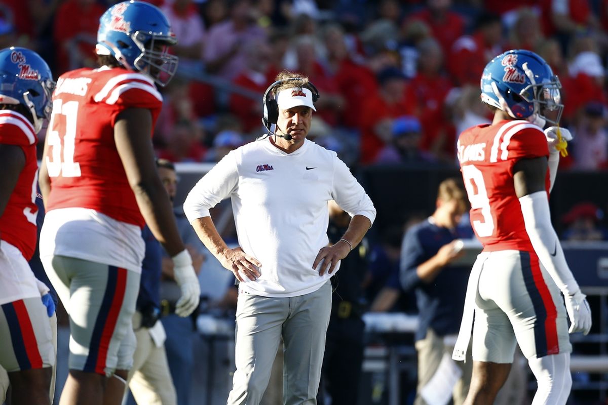 Sep 7, 2024; Oxford, Mississippi, USA; Mississippi Rebels head coach Lane Kiffin watches during a time-out during the second half against the Middle Tennessee Blue Raiders at Vaught-Hemingway Stadium. Mandatory Credit: Petre Thomas-Imagn Images