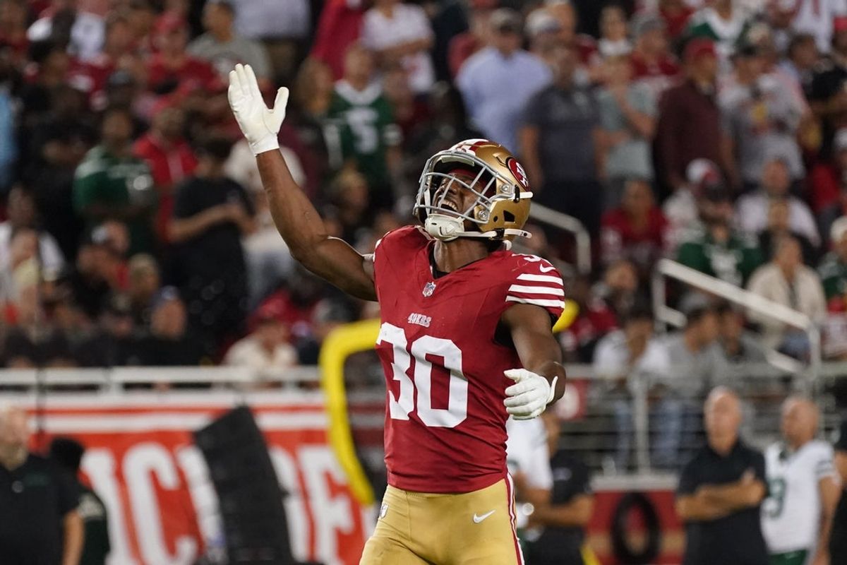 Sep 9, 2024; Santa Clara, California, USA; San Francisco 49ers safety George Odum (30) celebrates in the fourth quarter against the New York Jets at Levi's Stadium. Mandatory Credit: David Gonzales-Imagn Images