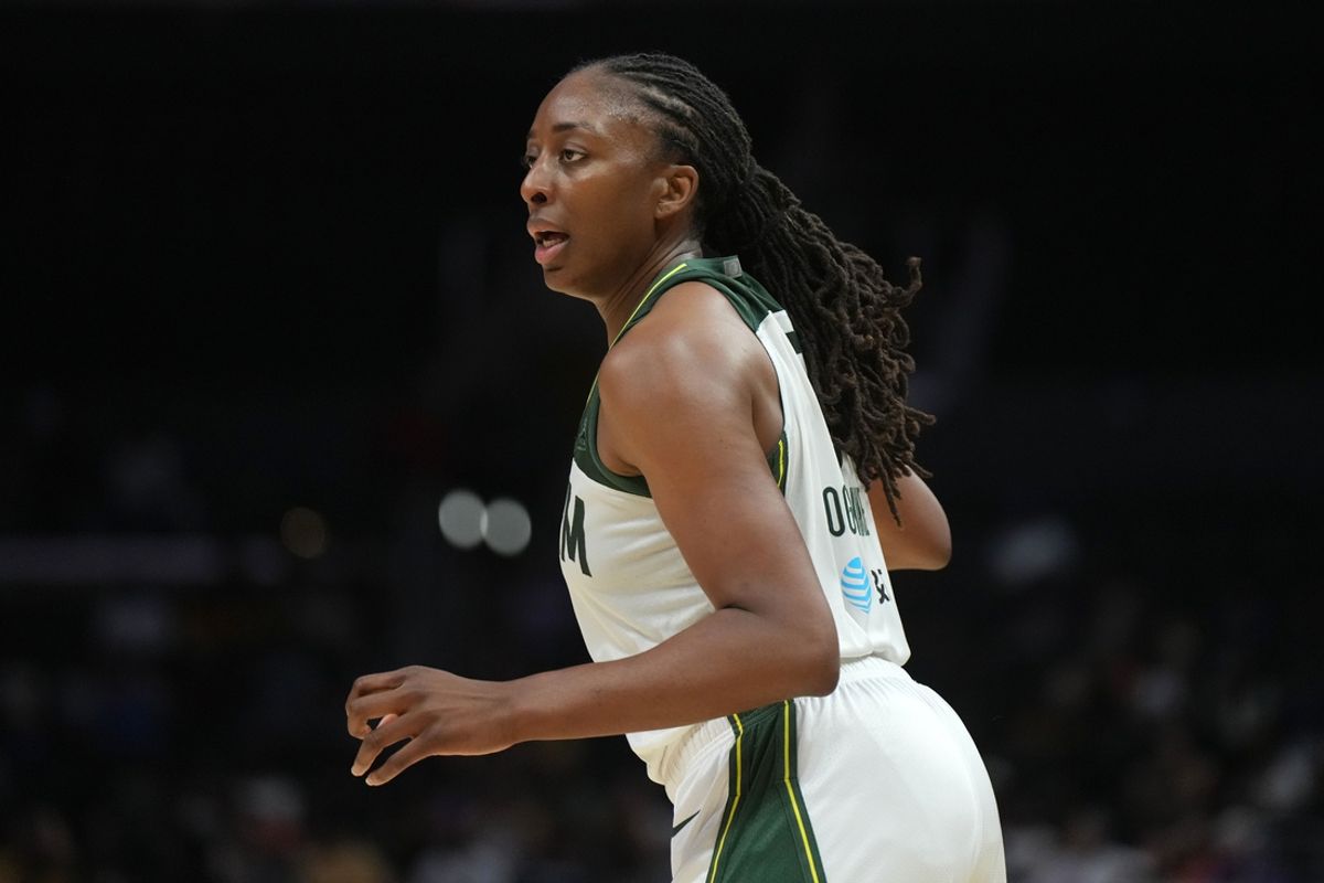 Sep 11, 2024; Los Angeles, California, USA; Seattle Storm forward Nneka Ogwumike (3) reacts against the LA Sparks in the second half at Crypto.com Arena. Mandatory Credit: Kirby Lee-Imagn Images