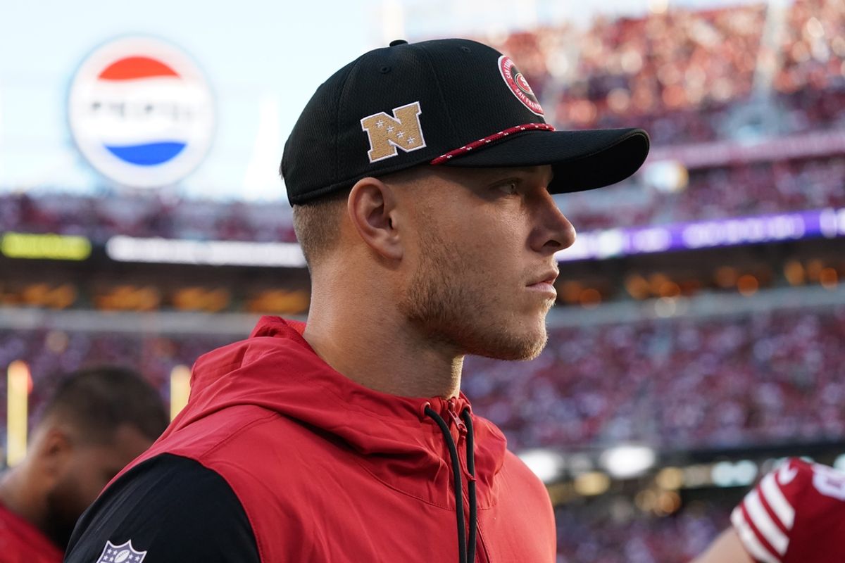 Sep 9, 2024; Santa Clara, California, USA; San Francisco 49ers running back Christian McCaffrey (23) watches injured from the sidelines in the second quarter against the New York Jets at Levi's Stadium. Mandatory Credit: David Gonzales-Imagn Images