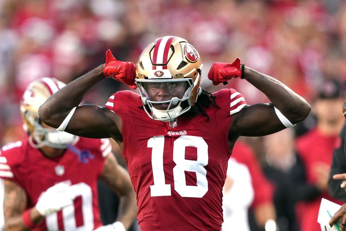 Sep 9, 2024; Santa Clara, California, USA; San Francisco 49ers wide receiver Chris Conley (18) gestures after a catch by fullback Kyle Juszczyk (not shown) during the third quarter against the New York Jets at Levi's Stadium. Mandatory Credit: Darren Yamashita-Imagn Images