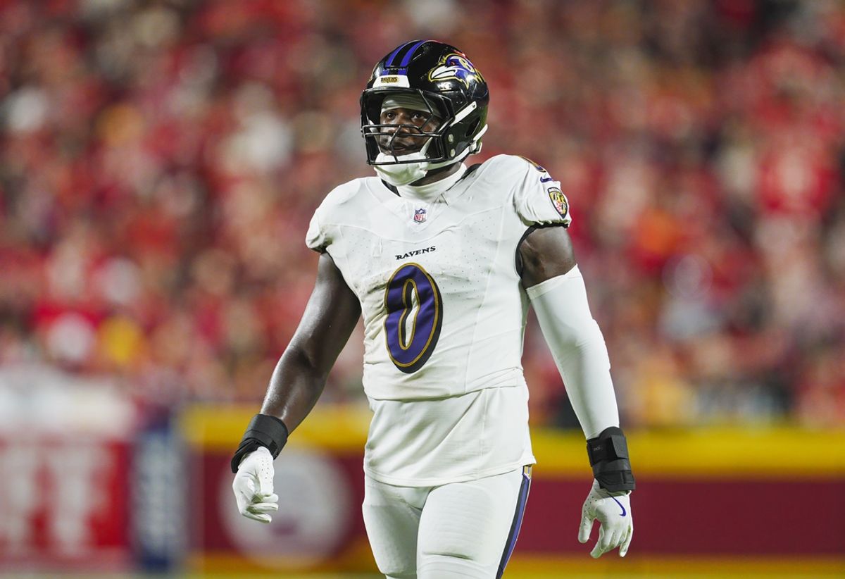 Sep 5, 2024; Kansas City, Missouri, USA; Baltimore Ravens linebacker Roquan Smith (0) during the second half against the Kansas City Chiefs at GEHA Field at Arrowhead Stadium. Mandatory Credit: Jay Biggerstaff-Imagn Images