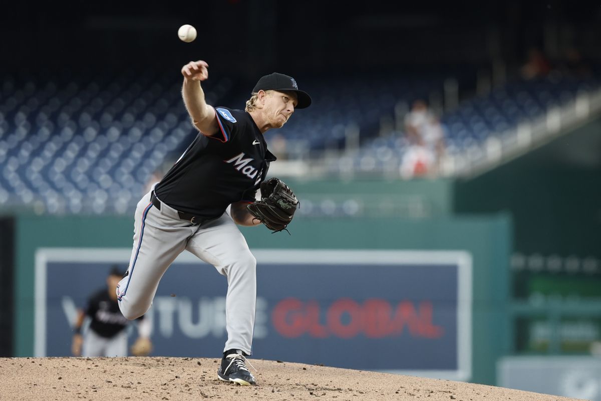 Sep 12, 2024; Washington, District of Columbia, USA; Miami Marlins starting pitcher Darren McCaughan (68) pitches /Wednesday/ during the first inning at Nationals Park. Mandatory Credit: Geoff Burke-Imagn Images