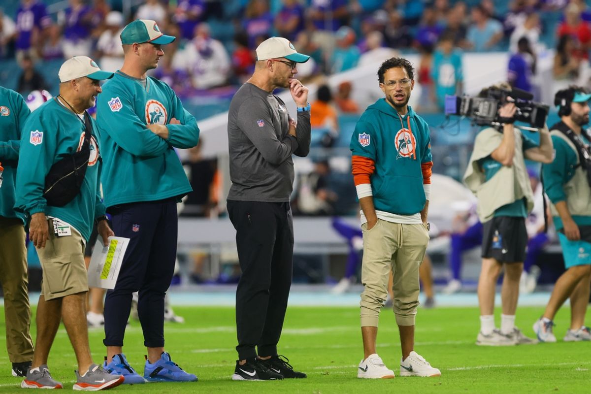 Miami Dolphins head coach Mike McDaniel looks on from the field before the game against the Buffalo Bills at Hard Rock Stadium. Mandatory Credit: Sam Navarro-Imagn Images