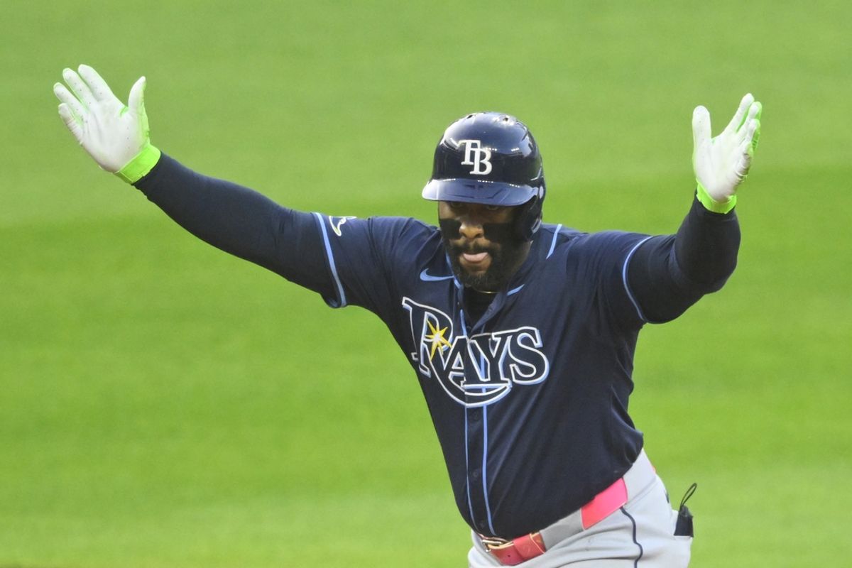 Sep 12, 2024; Cleveland, Ohio, USA; Tampa Bay Rays first baseman Yandy Diaz (2) celebrates his double in the first inning against the Cleveland Guardians at Progressive Field. Mandatory Credit: David Richard-Imagn Images