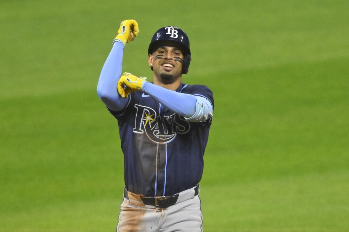 Sep 12, 2024; Cleveland, Ohio, USA; Tampa Bay Rays left fielder Christopher Morel (24) celebrates his double in the third inning against the Cleveland Guardians at Progressive Field. Mandatory Credit: David Richard-Imagn Images
