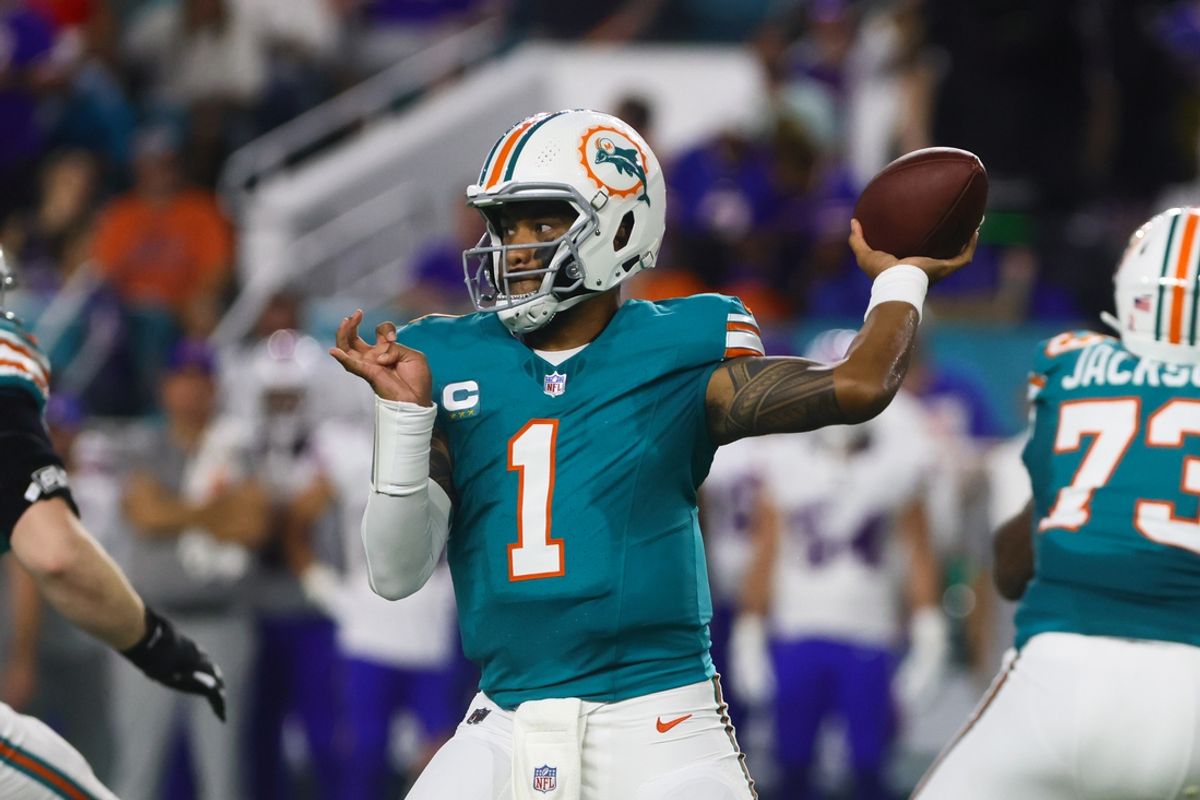 Sep 12, 2024; Miami Gardens, Florida, USA; Miami Dolphins quarterback Tua Tagovailoa (1) throws the football against the Buffalo Bills during the first quarter at Hard Rock Stadium. Mandatory Credit: Sam Navarro-Imagn Images