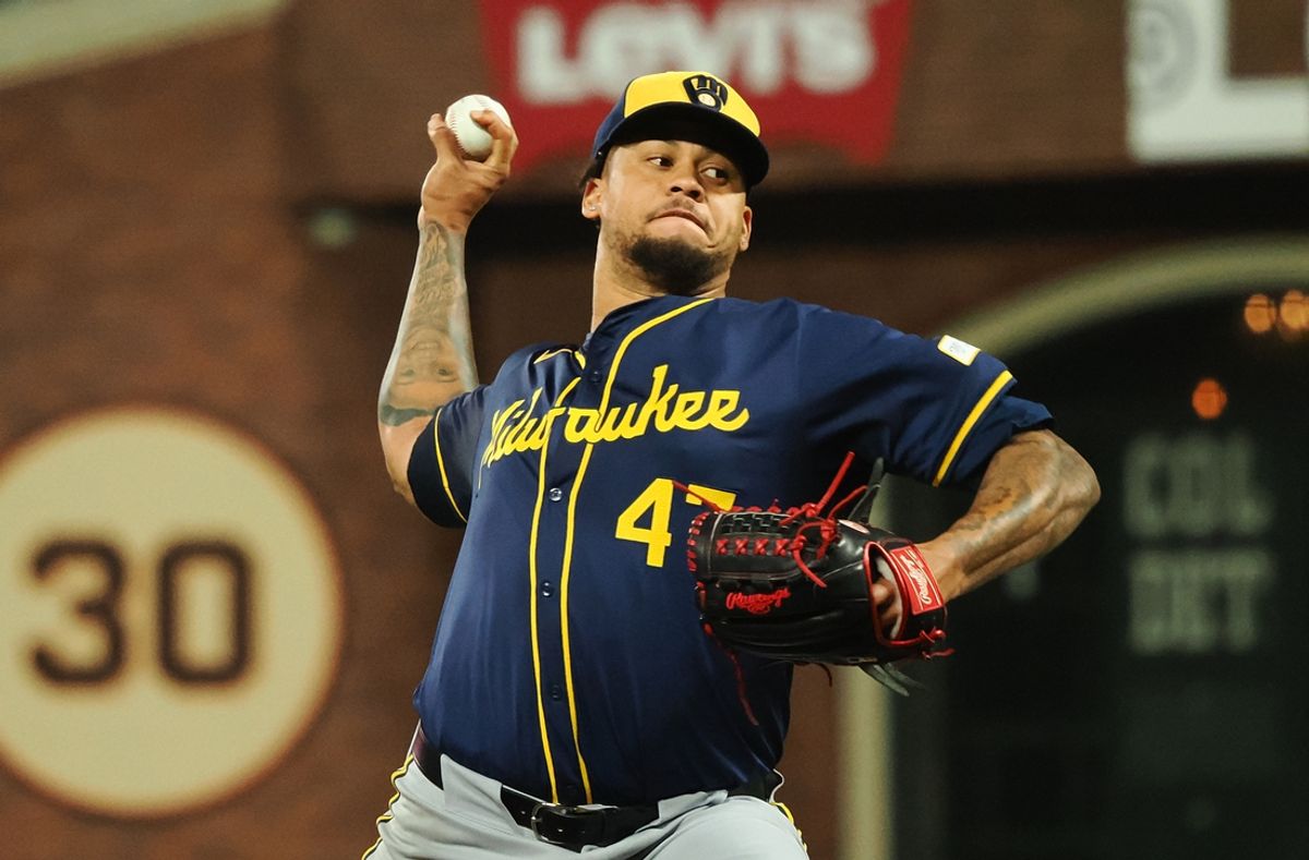 Sep 12, 2024; San Francisco, California, USA; Milwaukee Brewers starting pitcher Frankie Montas (47) pitches the ball against the San Francisco Giants during the sixth inning at Oracle Park. Mandatory Credit: Kelley L Cox-Imagn Images
