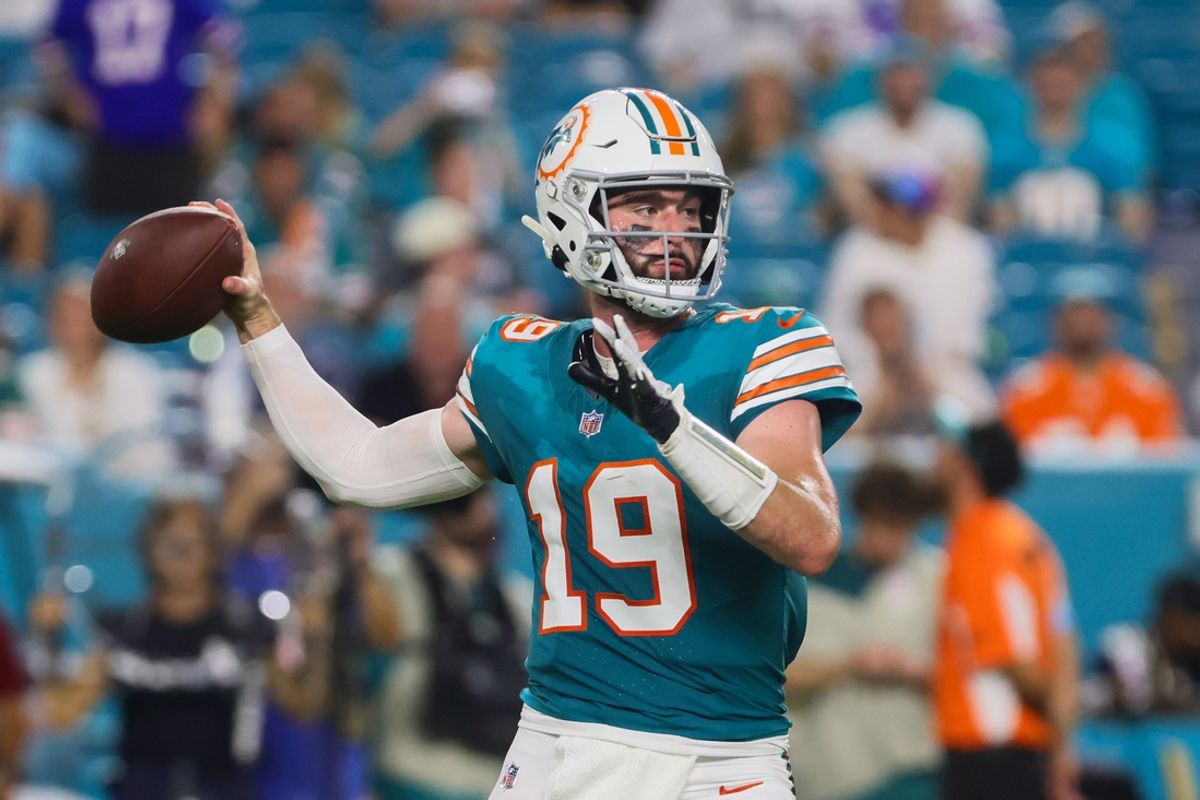 Sep 12, 2024; Miami Gardens, Florida, USA; Miami Dolphins quarterback Skylar Thompson (19) throws the football against the Buffalo Bills during the fourth quarter at Hard Rock Stadium. Mandatory Credit: Sam Navarro-Imagn Images