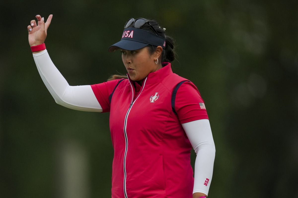 Sep 13, 2024; Gainesville, Virginia, USA; Lilia Vu of Team USA reacts to her putt on the first green during Foursomes matches against Team Europe during the first round of the Solheim Cup 2024 at Robert Trent Jones Golf Club. Mandatory Credit: Aaron Doster-Imagn Images