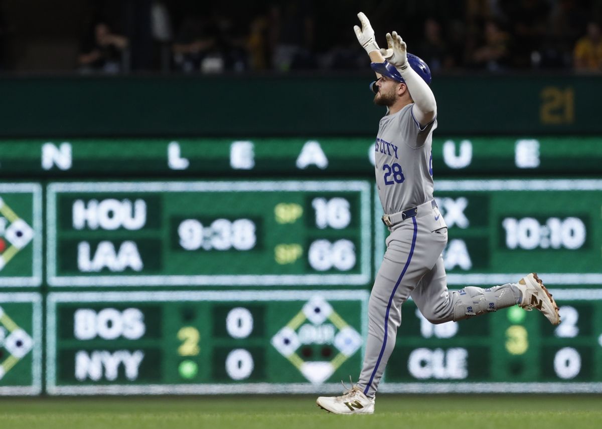 Sep 13, 2024; Pittsburgh, Pennsylvania, USA;  Kansas City Royals center fielder Kyle Isbel (28) reacts as he circles the bases on a solo run home run against the Pittsburgh Pirates during the fourth inning at PNC Park. Mandatory Credit: Charles LeClaire-Imagn Images