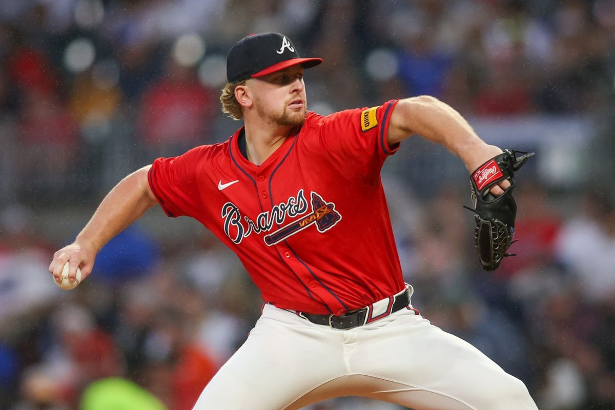 Sep 13, 2024; Atlanta, Georgia, USA; Atlanta Braves starting pitcher Spencer Schwellenbach (56) throws against the Los Angeles Dodgers in the second inning at Truist Park. Mandatory Credit: Brett Davis-Imagn Images
