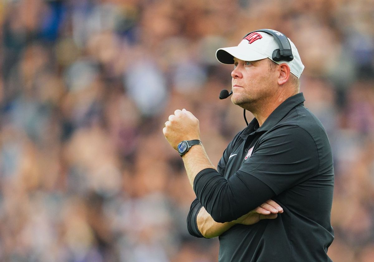 Sep 13, 2024; Kansas City, Kansas, USA; UNLV Rebels head coach Barry Odom looks on during the first half against the Kansas Jayhawks at Children's Mercy Park. Mandatory Credit: Jay Biggerstaff-Imagn Images