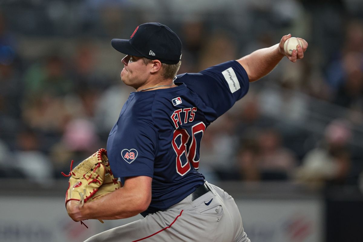 Sep 13, 2024; Bronx, New York, USA; Boston Red Sox relief pitcher Richard Fitts (80) delivers a pitch during the third inning against the New York Yankees at Yankee Stadium. Mandatory Credit: Vincent Carchietta-Imagn Images