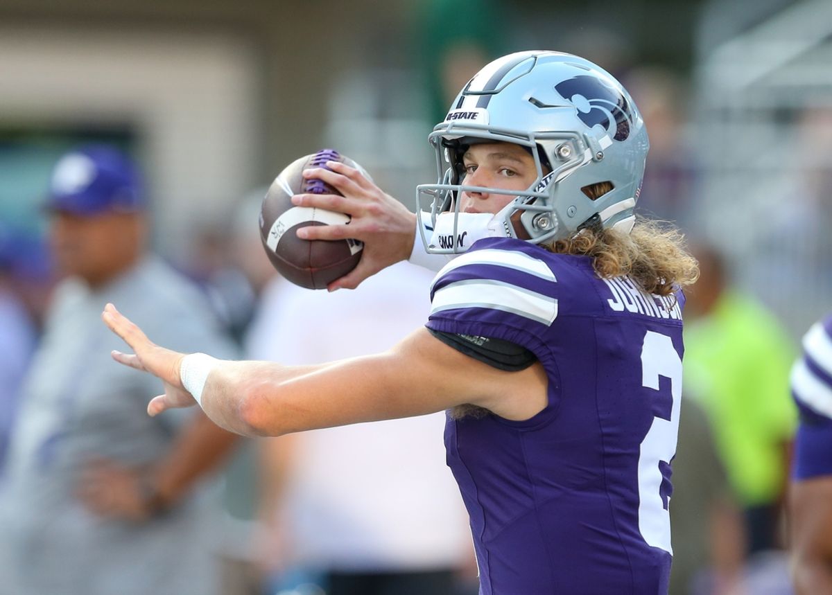 Sep 13, 2024; Manhattan, Kansas, USA; Kansas State Wildcats quarterback Avery Johnson (2) warms up before the start of a game against the Arizona Wildcats at Bill Snyder Family Football Stadium. Mandatory Credit: Scott Sewell-Imagn Images