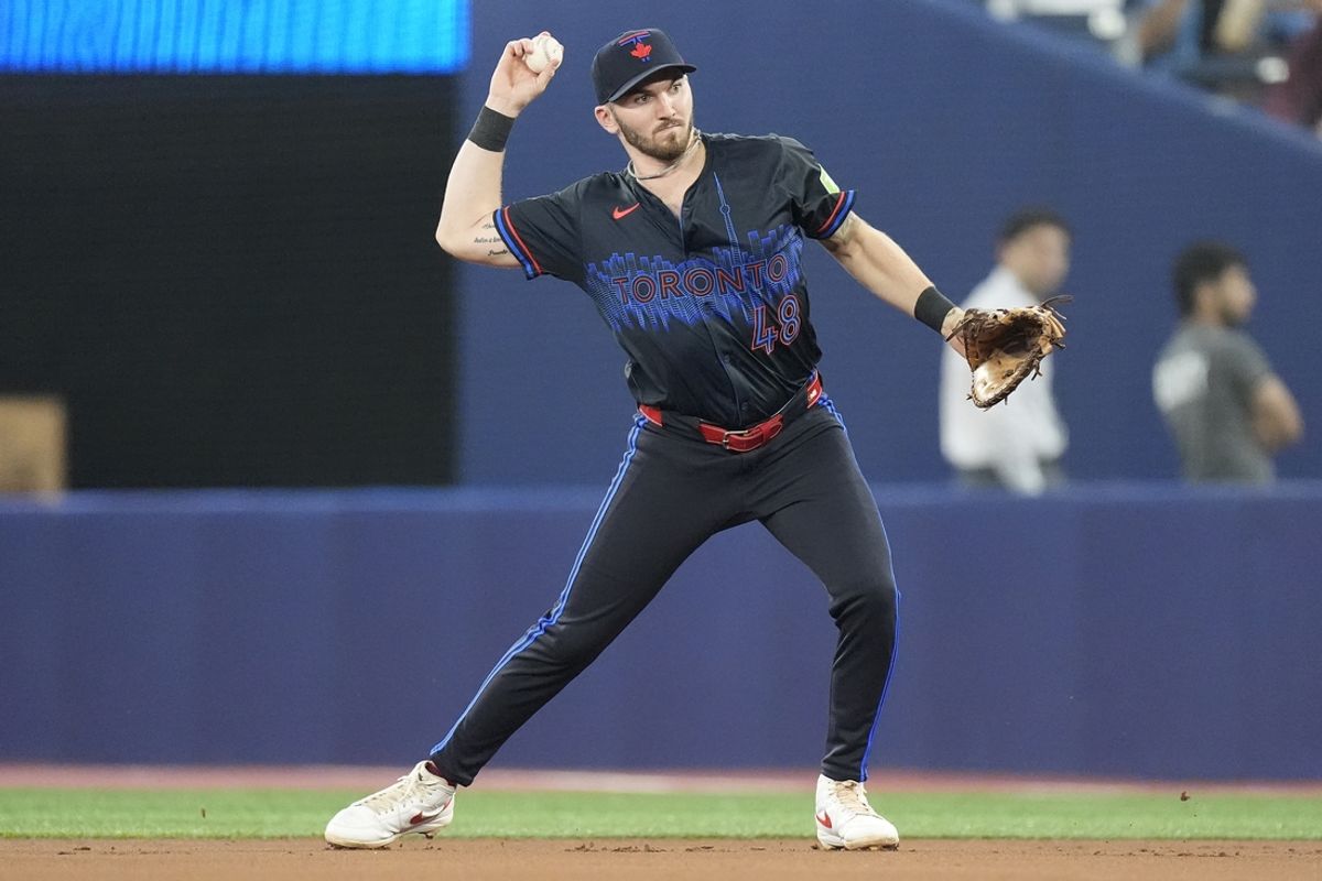 Sep 13, 2024; Toronto, Ontario, CAN; Toronto Blue Jays first baseman Spencer Horwitz (48) throws to starting pitcher Kevin Gausman (not pictured) to get out St. Louis Cardinals shortstop Masyn Winn (not pictured) at first base during the second inning at Rogers Centre. Mandatory Credit: John E. Sokolowski-Imagn Images