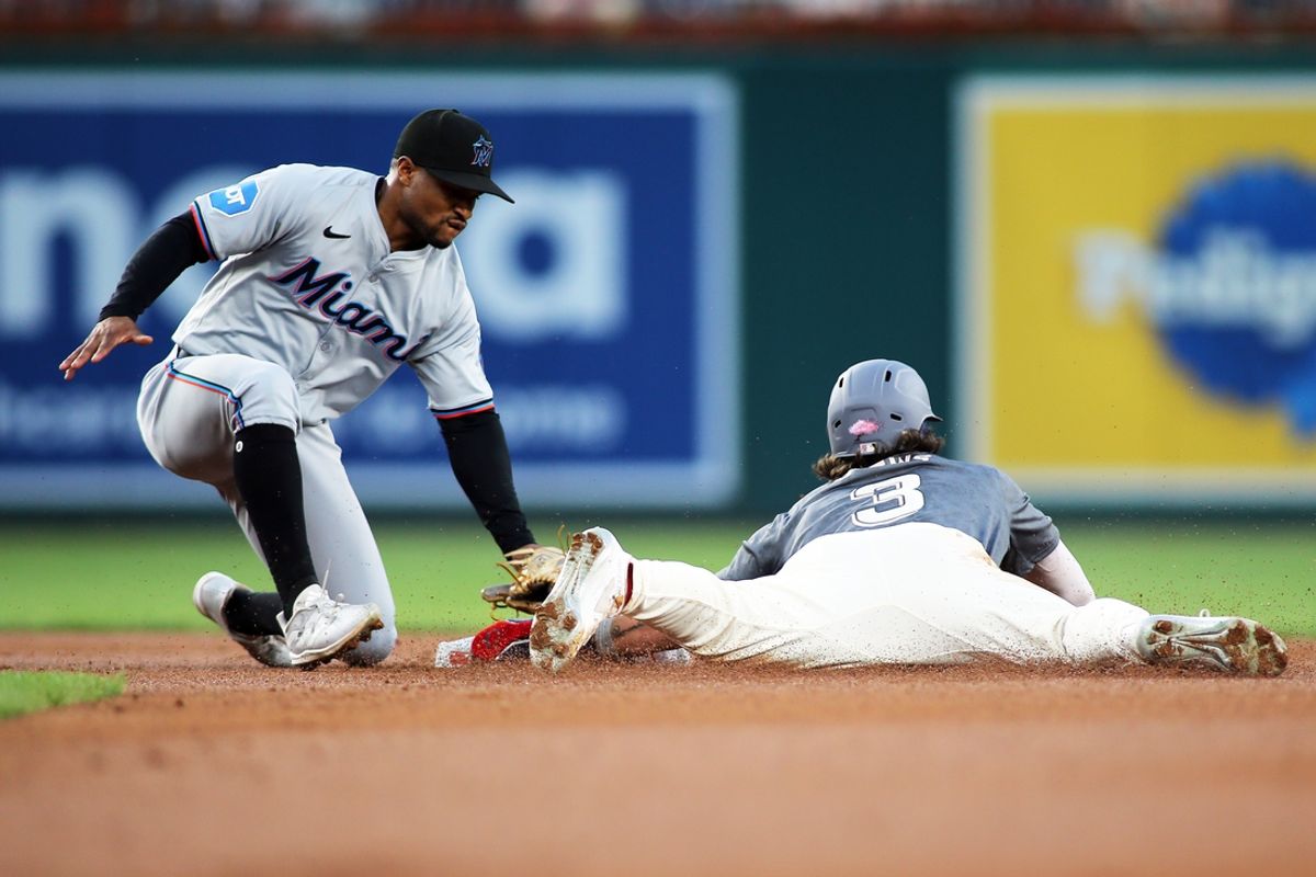 Sep 13, 2024; Washington, District of Columbia, USA; Washington Nationals outfielder Dylan Crews (3) steals second base during the first inning of a baseball game against the Miami Marlins at Nationals Park. Mandatory Credit: Daniel Kucin Jr.-Imagn Images