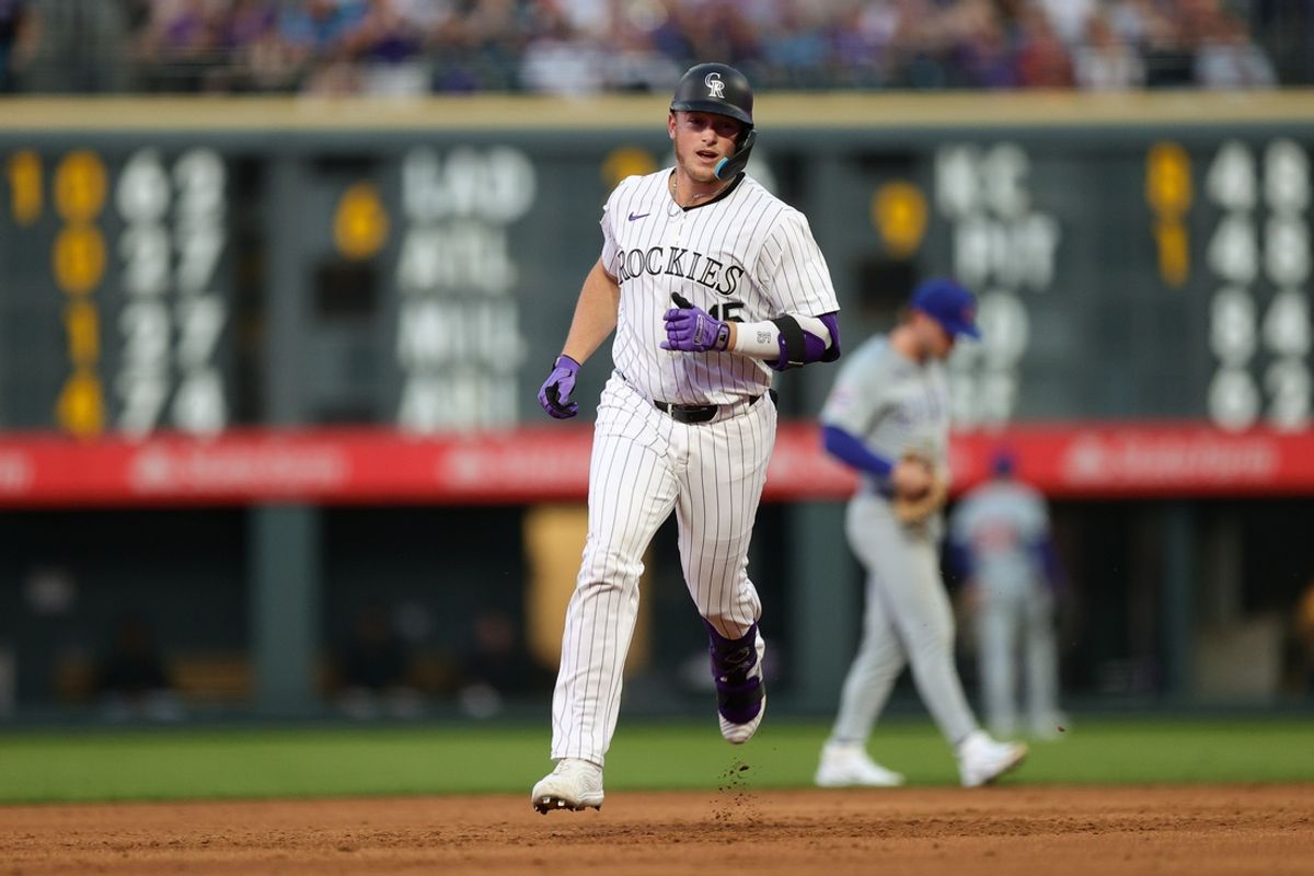 Sep 13, 2024; Denver, Colorado, USA; Colorado Rockies catcher Hunter Goodman (15) rounds the bases on a two run home run in the second inning against the Chicago Cubs at Coors Field. Mandatory Credit: Isaiah J. Downing-Imagn Images
