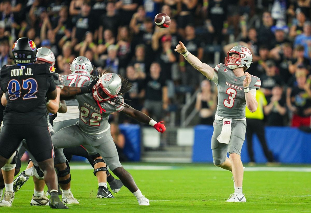 Sep 13, 2024; Kansas City, Kansas, USA; UNLV Rebels quarterback Matthew Sluka (3) throws a pass during the second half against the Kansas Jayhawks at Children's Mercy Park. Mandatory Credit: Jay Biggerstaff-Imagn Images