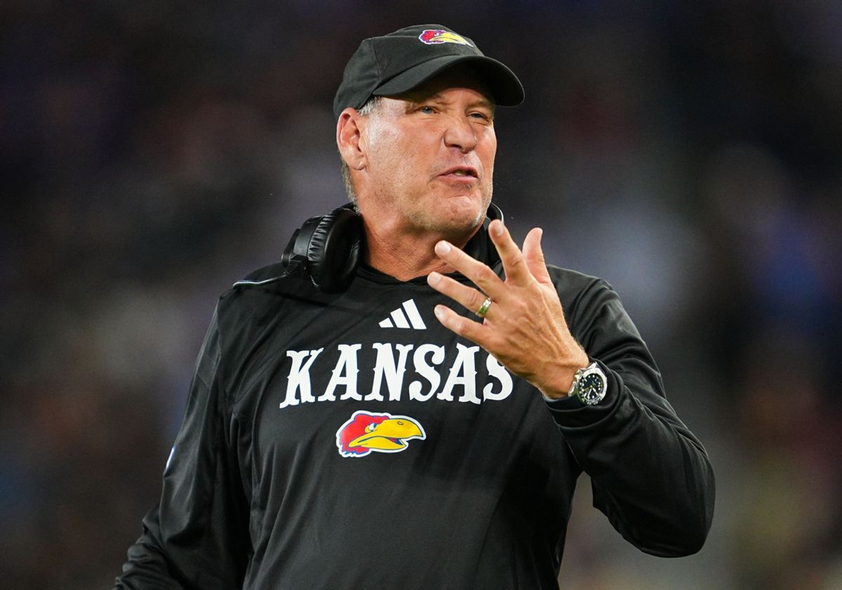 Sep 13, 2024; Kansas City, Kansas, USA; Kansas Jayhawks head coach Lance Leipold reacts after a play during the second half against the UNLV Rebels at Children's Mercy Park. Mandatory Credit: Jay Biggerstaff-Imagn Images