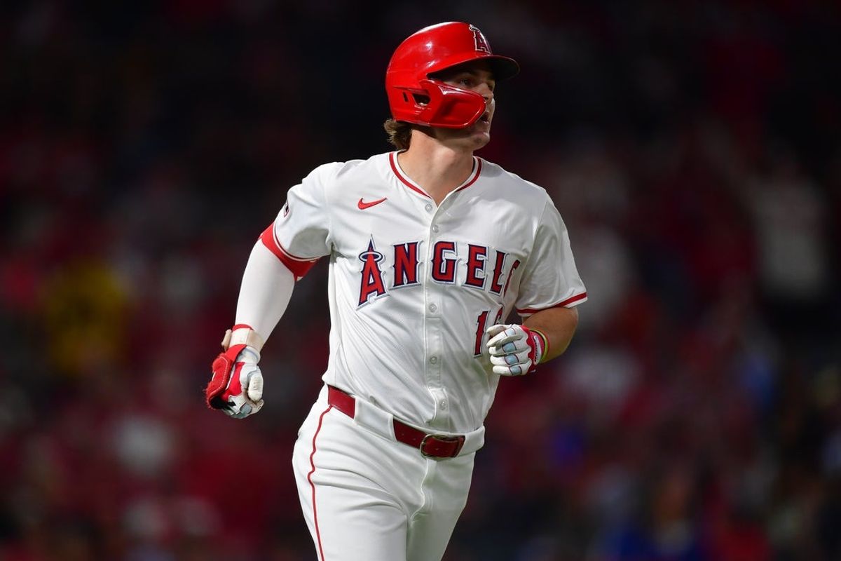 Sep 13, 2024; Anaheim, California, USA; Los Angeles Angels center fielder Mickey Moniak (16) runs the bases after hitting a solo home run against the Houston Astros during the fourth inning at Angel Stadium. Mandatory Credit: Gary A. Vasquez-Imagn Images
