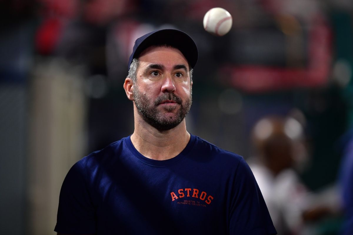 Sep 13, 2024; Anaheim, California, USA; Houston Astros pitcher Justin Verlander (35) at Angel Stadium. Mandatory Credit: Gary A. Vasquez-Imagn Images