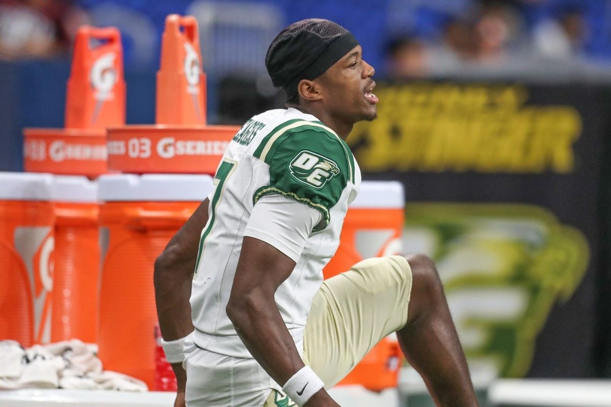 DeSoto's Ethan Feaster warms up after halftime during Friday's game at the Alamodome on Sept. 13, 2024, in San Antonio, Texas.