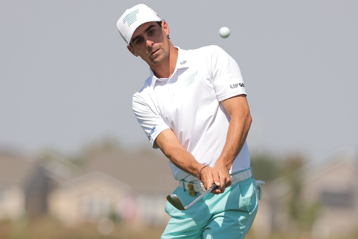 Sep 13, 2024; Bolingbrook, Illinois, USA; Joaquin Niemann of the Torque GC watches his shot on the third hole of the first round of the LIV Golf Chicago tournament at Bolingbrook Golf Club. Mandatory Credit: Melissa Tamez-Imagn Images