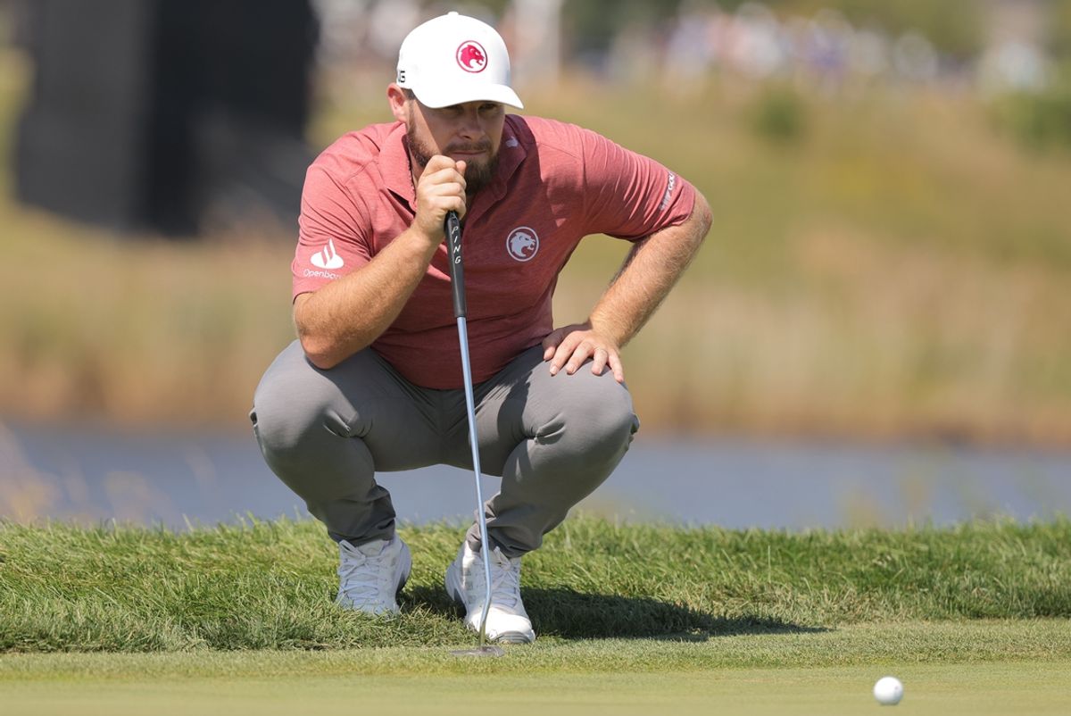 Sep 13, 2024; Bolingbrook, Illinois, USA; Tyrrell Hatton of the Legion XIII lines up his putt on the third hole of the first round of the LIV Golf Chicago tournament at Bolingbrook Golf Club. Mandatory Credit: Melissa Tamez-Imagn Images