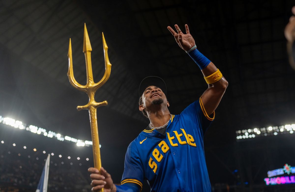 Sep 13, 2024; Seattle, Washington, USA;  Seattle Mariners centerfielder Julio Rodriguez (44) celebrates after a game against the Texas Rangers at T-Mobile Park. Mandatory Credit: Stephen Brashear-Imagn Images